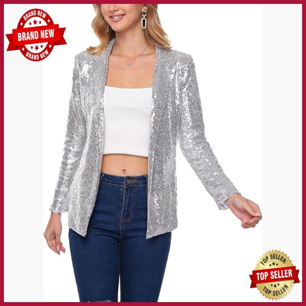 Sequin Blazer Jacket Open Front Long Sleeve Glitter Cardigan Party Wear